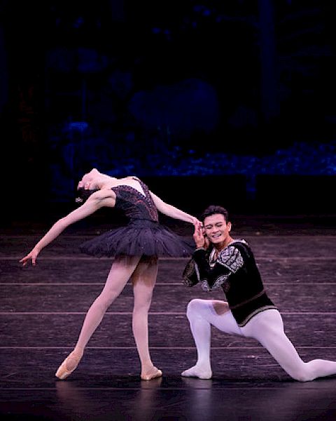 A pair of ballet dancers perform a graceful pose on stage, the male dancer in a black outfit supporting the female in a dark tutu, during a dance festival.