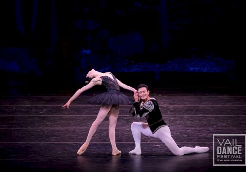 A pair of ballet dancers perform a graceful pose on stage, the male dancer in a black outfit supporting the female in a dark tutu, during a dance festival.