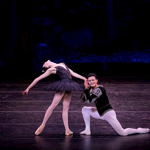 A pair of ballet dancers perform a graceful pose on stage, the male dancer in a black outfit supporting the female in a dark tutu, during a dance festival.