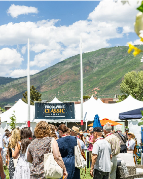 A lively outdoor festival with a crowd browsing stalls, tents, and a stage under a bright, sunny sky in a mountain setting.
