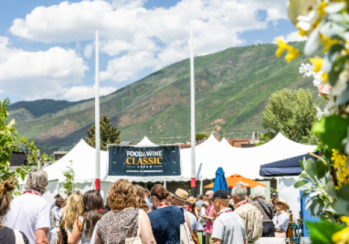 A lively outdoor festival with a crowd browsing stalls, tents, and a stage under a bright, sunny sky in a mountain setting.