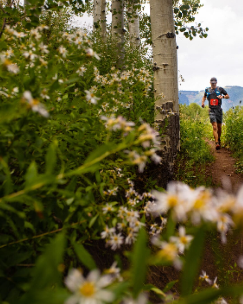A person running on a dirt trail through a flowering garden, with white daisies in the foreground and mountains in the background.