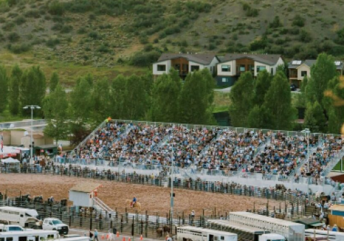 A hillside arena with bleachers full of spectators, a dirt ring in front, several vehicles parked around, and green trees in the background.
