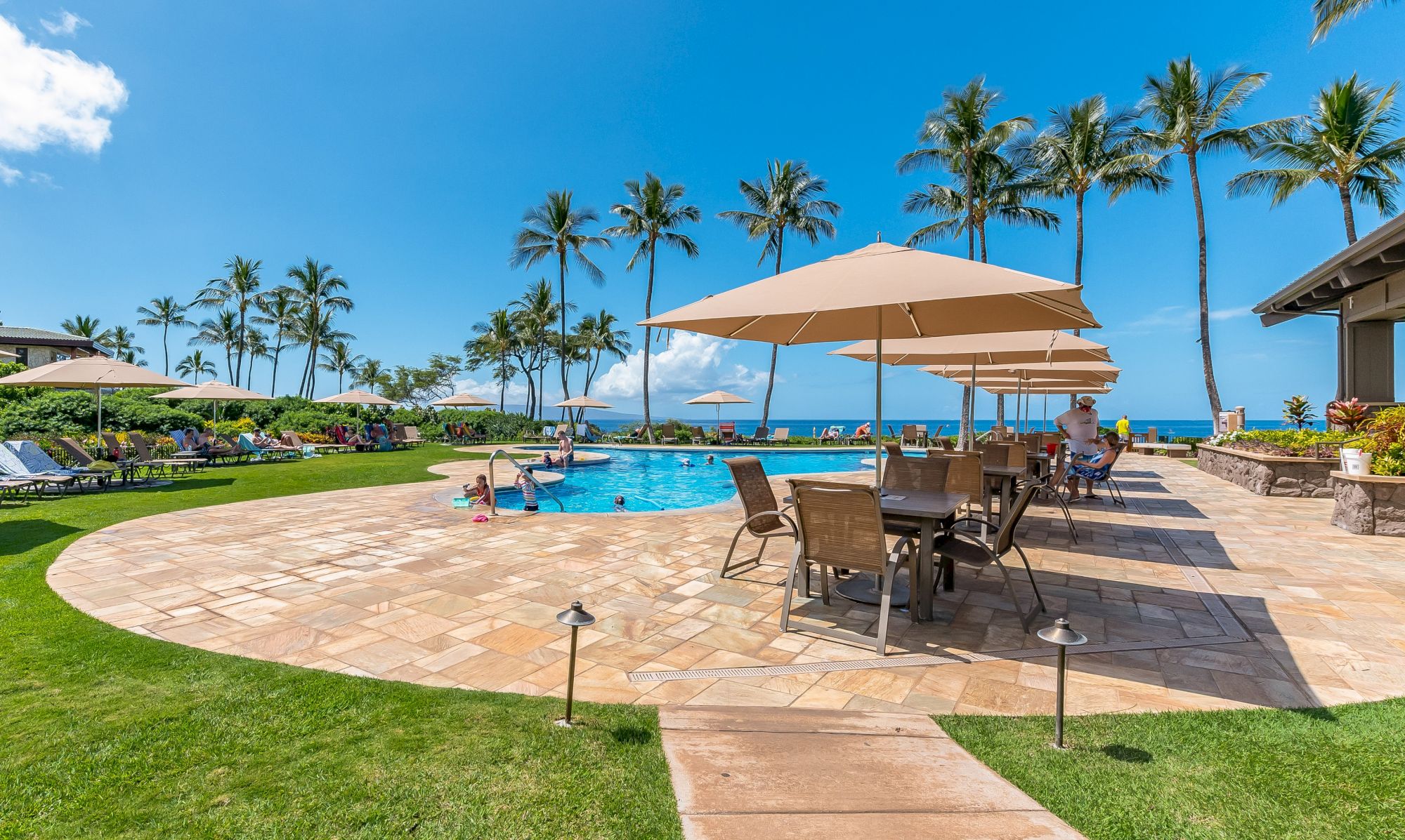 A luxurious poolside lounge with sun loungers, umbrellas, and a patio area overlooking the ocean, surrounded by palm trees.
