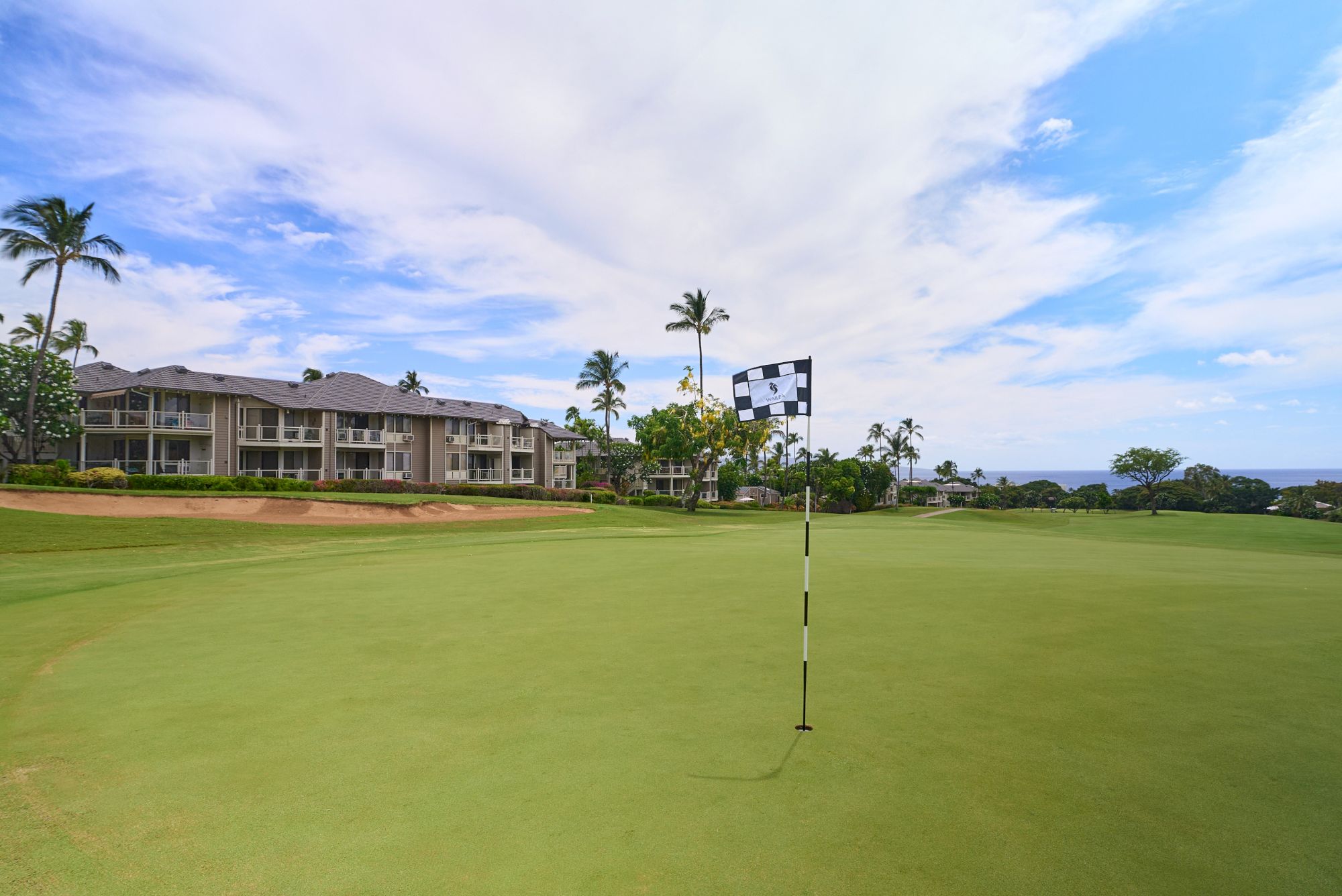 A tropical golf course green with a hole flag, palm trees, grassy fairways, a building complex in the background, and a bright blue sky.