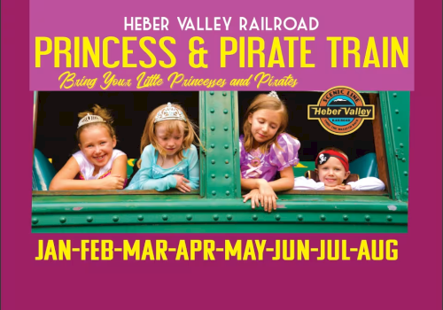 Princess & Pirate Train poster shows four kids peeking from a train window with bright yellow text on purple, advertising a Heber Valley Railroad ride.