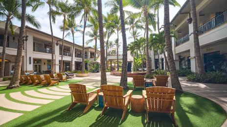 A sunny resort courtyard with palm trees, lounge chairs, and a central grassy area, surrounded by two-story buildings.
