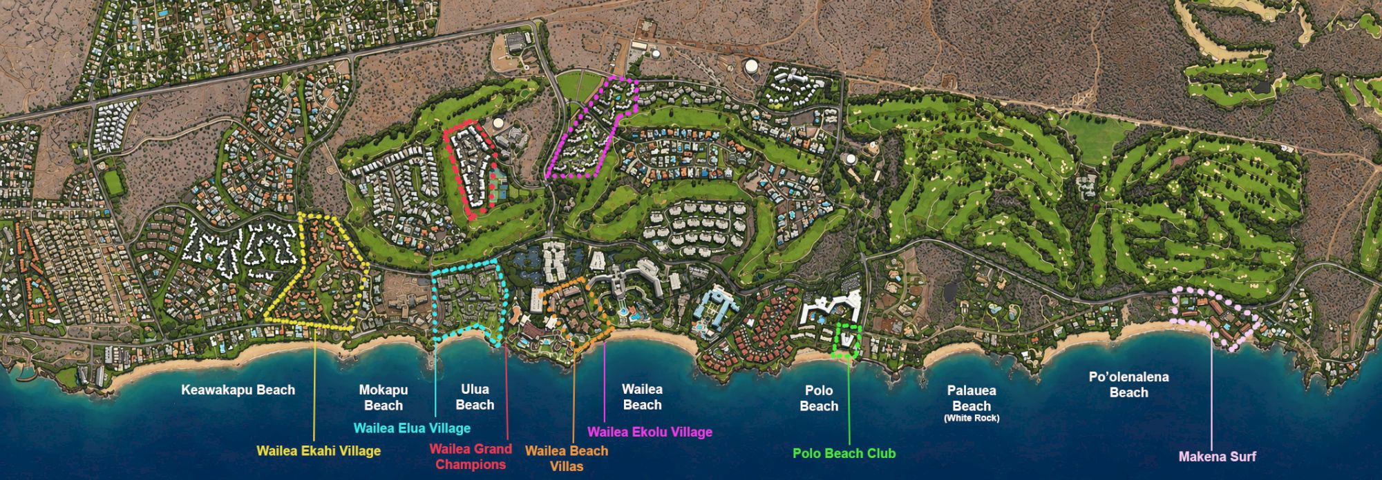 Aerial view of a coastal resort area with labeled beaches, villas, golf greens, and beachfront neighborhoods along a curved shoreline.