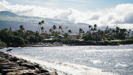 A tropical beach scene with palm trees, rocky shoreline, sparkling waves, and distant hills under a partly cloudy sky, sunny and inviting.