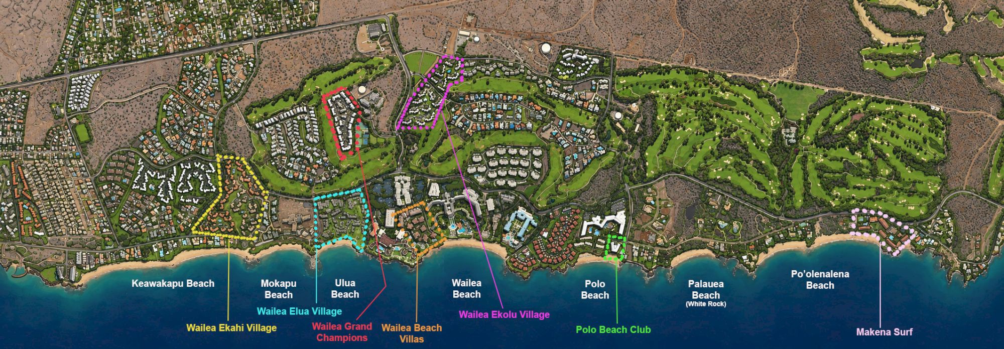 Aerial view of a coastal resort area with labeled beaches and villas, showing residential clusters along a curved shoreline.