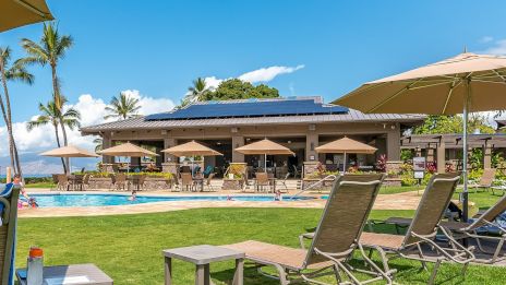 Swimming pool, lounge chairs, umbrellas, and a clubhouse on a sunny lawn.