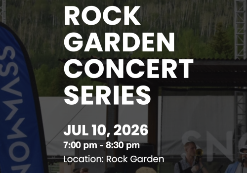 Rock Garden Concert Series poster with date, time, and location. The text reads: ROCK GARDEN CONCERT SERIES, JUL 10, 2026, 7:00 pm - 8:30 pm, Location: Rock Garden.