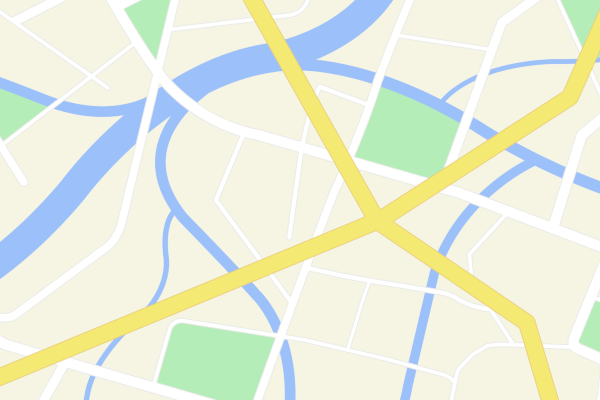 A city map with roads in yellow, blue river lines, and green parks; a crossroads forms a bold intersection layout in the center.