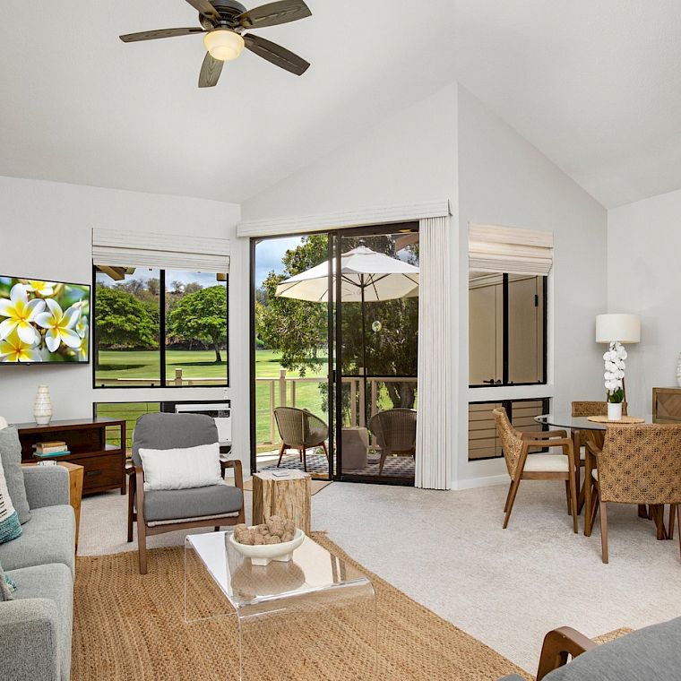A bright, airy living area with a sofa, TV, and glass doors opening to a patio; a dining area, plants, and ceiling fan.