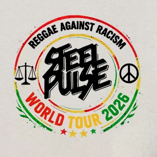 A circular logo for Seeed? No—looks like a reggae anti-racism World Tour 2025 badge with bold graffiti text and peace scales, stars, and colors.