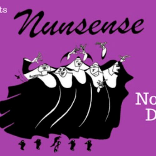 A purple poster for Aloha Theatre’s Nutense play, featuring a group of black-clad figures with white faces dancing, plus text “Aloha Theatre Presents Nunsense” and dates November 20–December 6.