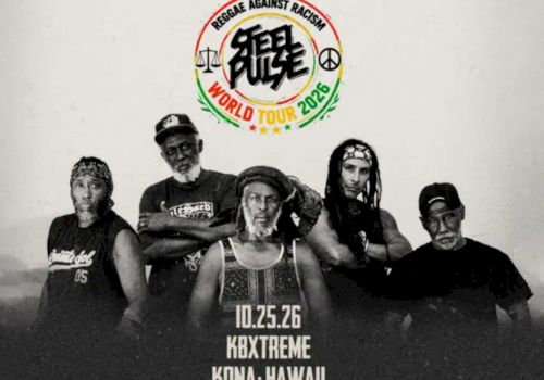 The image shows a group of five men wearing dark clothing and hats, with a circular logo at the top that says &ldquo;Reggae Against Racism World Tour 2026&rdquo; and event details &ldquo;10.25.26 KBXTREME Kona &bull; Hawaii.&rdquo;