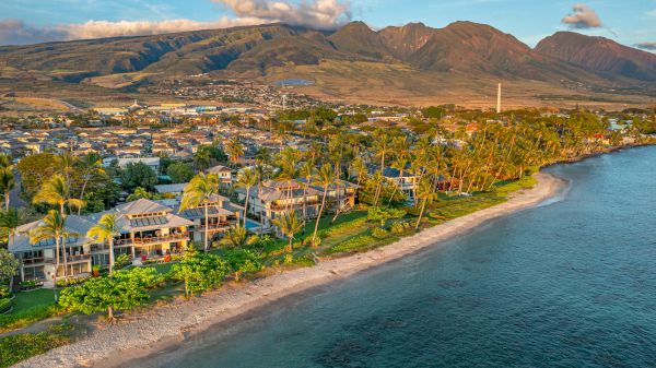 A tropical beachfront town with palm-lined shoreline, houses along the coast, gentle waves, and distant mountains under a sunny sky.