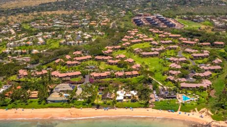 A tropical coastal community with sandy beach, turquoise water, and cluster of homes nestled among palm trees.