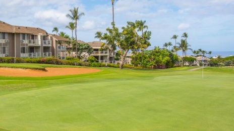 A tropical golf course with a green, sand traps, palm trees, and low-rise buildings in the background near a blue sky.