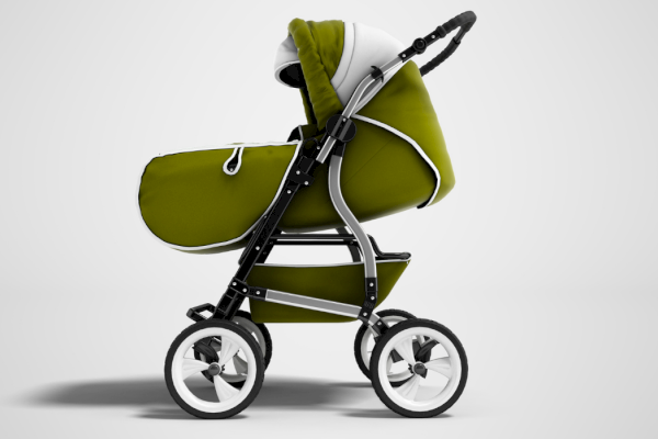 A green baby stroller with a white interior and black metal frame, shown from the side on a light background.