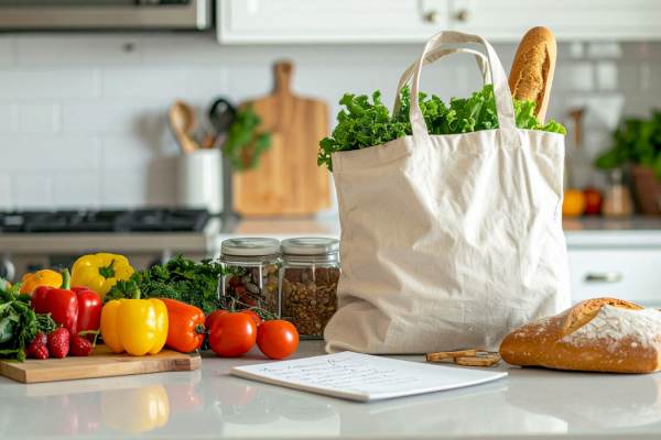 A grocery prep scene with a tote bag, fresh veggies, bread, herbs, peppers, tomatoes, jars, and a notebook on a bright kitchen counter.