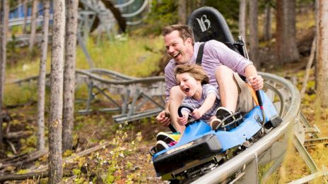 A family rides a roller coaster downhill, laughing and strapped into a blue car through a forested track.