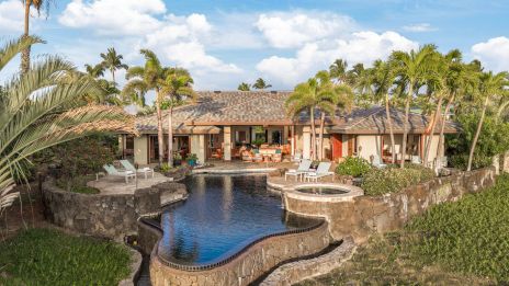 A luxurious single-story villa with a winding pool, lush palm trees, and tropical landscaping, overlooking a sunny, resort-style yard.