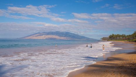 A sunny beach scene with golden sand, gentle waves, and a few people along the shore, with distant hills and blue sky above.