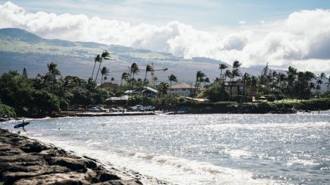 A rocky coastline with gentle waves, palm trees along a sunny shore, and distant hills under a bright, partly cloudy sky.