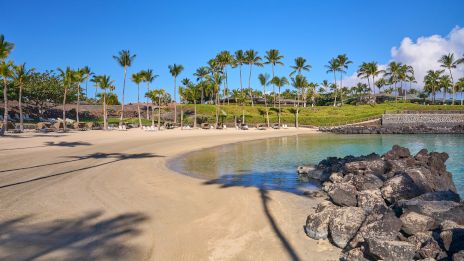 A tropical beach with golden sand, calm blue water, palm trees lining the shore, and rocky outcrops by the water&rsquo;s edge, sunny sky.